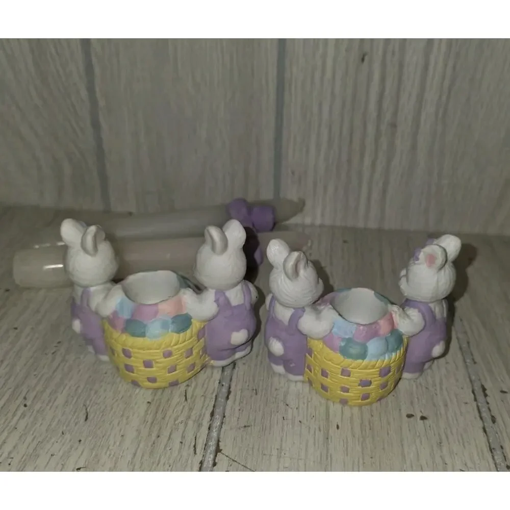 Vtg Hermitage Pottery Easter Candle Holders Bunny Rabbits Easter Basket Set Of 2